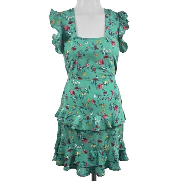 BOG Lottie & Holly Green Floral Boho Tiered Ruffle Mini Sleeveless Dress NWT XS - Picture 1 of 9
